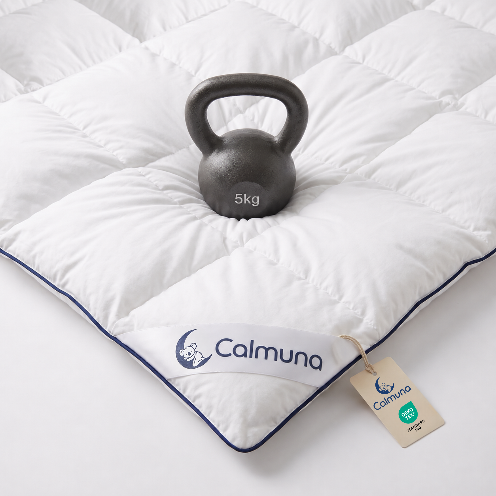 Calmuna Embrace Gewichtsdecke mit 5-kg-Kettlebell als Gewichtsvergleich