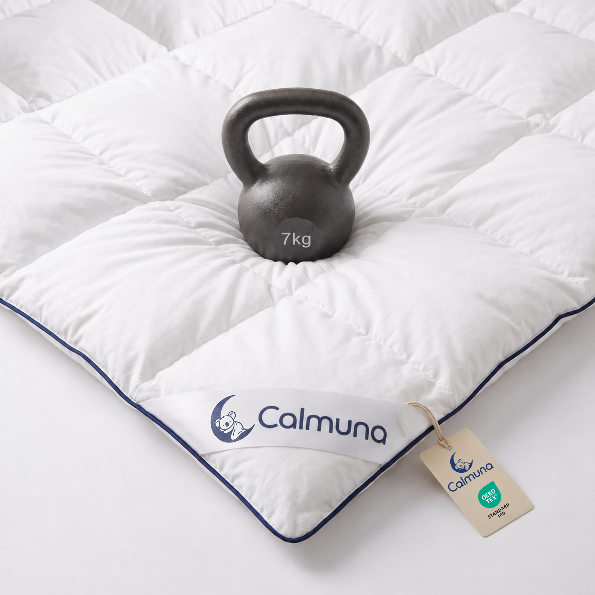 Calmuna Embrace Gewichtsdecke mit 7-kg-Kettlebell als Gewichtsvergleich