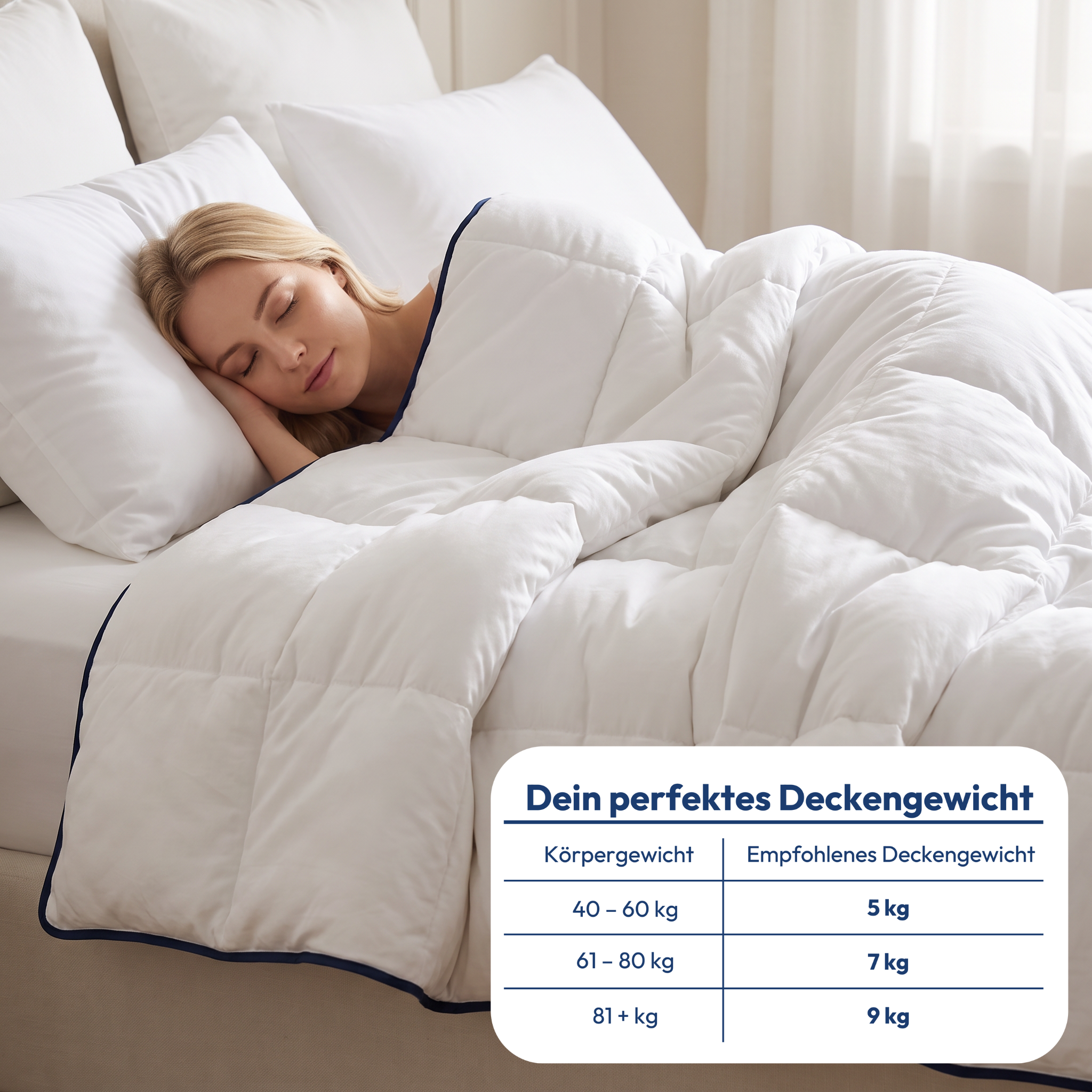 Frau schläft unter der Calmuna Embrace Gewichtsdecke, mit Tabelle für das passende Deckengewicht nach Körpergewicht: 5 kg, 7 kg oder 9 kg
