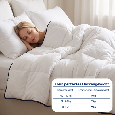 Frau schläft unter der Calmuna Embrace Gewichtsdecke, mit Tabelle für das passende Deckengewicht nach Körpergewicht: 5 kg, 7 kg oder 9 kg