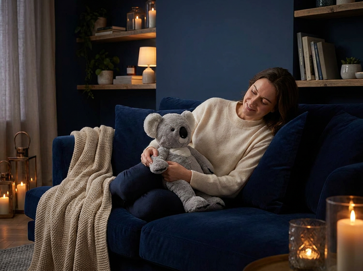 Frau entspannt abends auf dem Sofa mit dem Gewichts-Kuscheltier Koala auf dem Schoß
